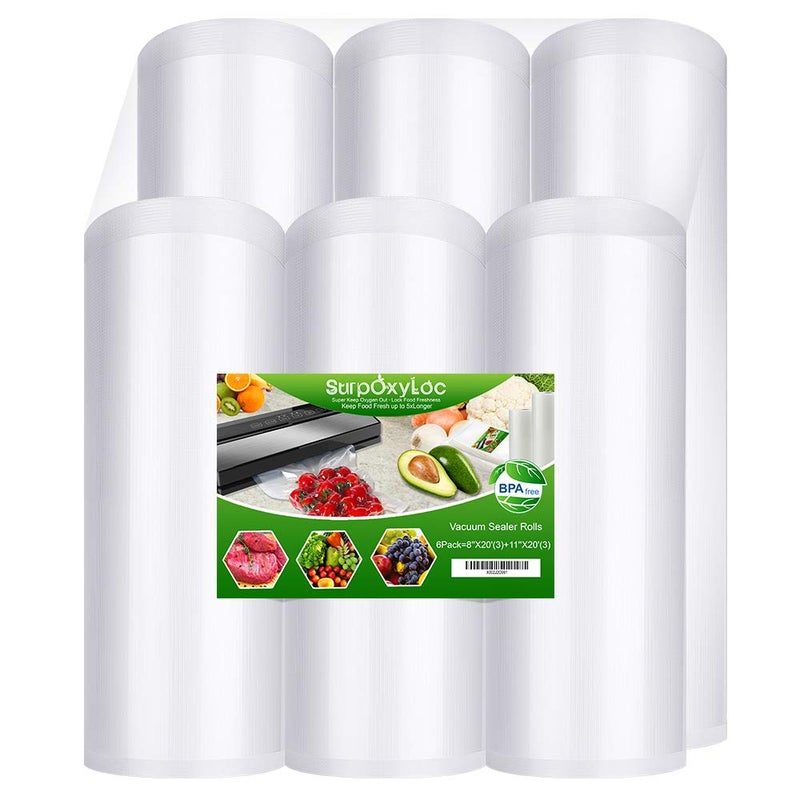 SurpOxyLoc 6 Pack 8"x20'(3Rolls) and11"x20'(3Rolls) Food Vacuum Sealer Bags Rolls with BPA Free,Heavy Duty,Great for Sous Vide and Vac Seal storage - Image 1